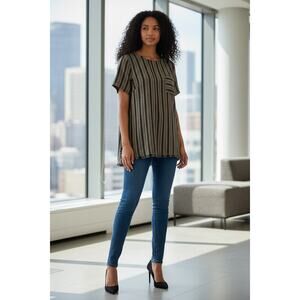 Fringe Collection Striped Blouse Gray Black White Fringe Hem High Low NWT Medium